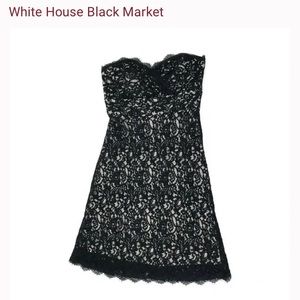 White House Black Market black and white sweetheart neckline lace dress.